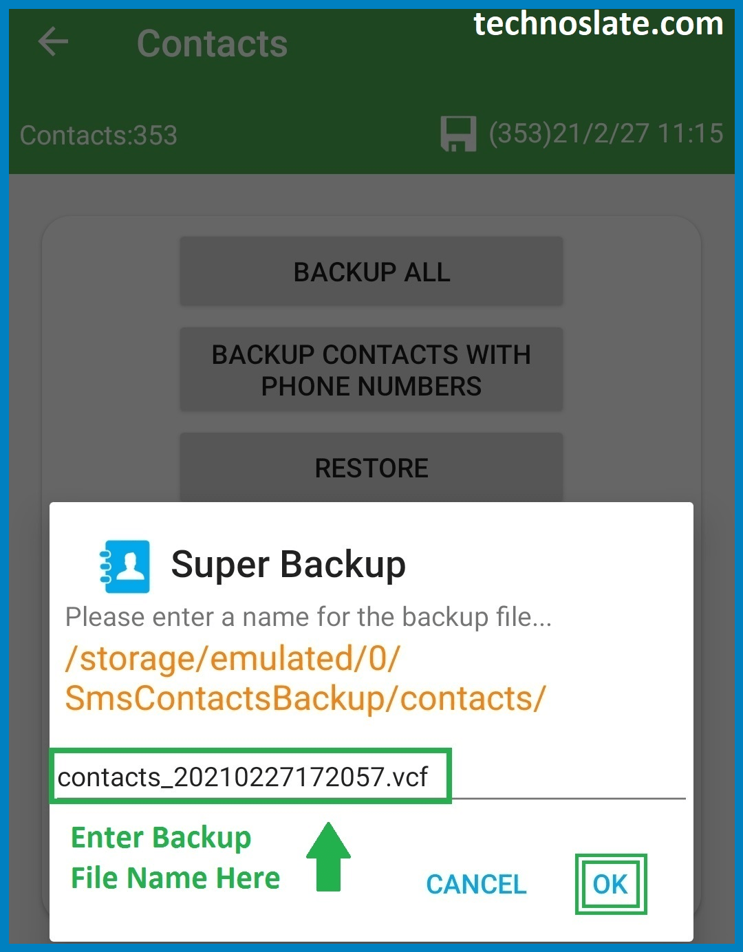 Contacts Message Backup - Backup File Name