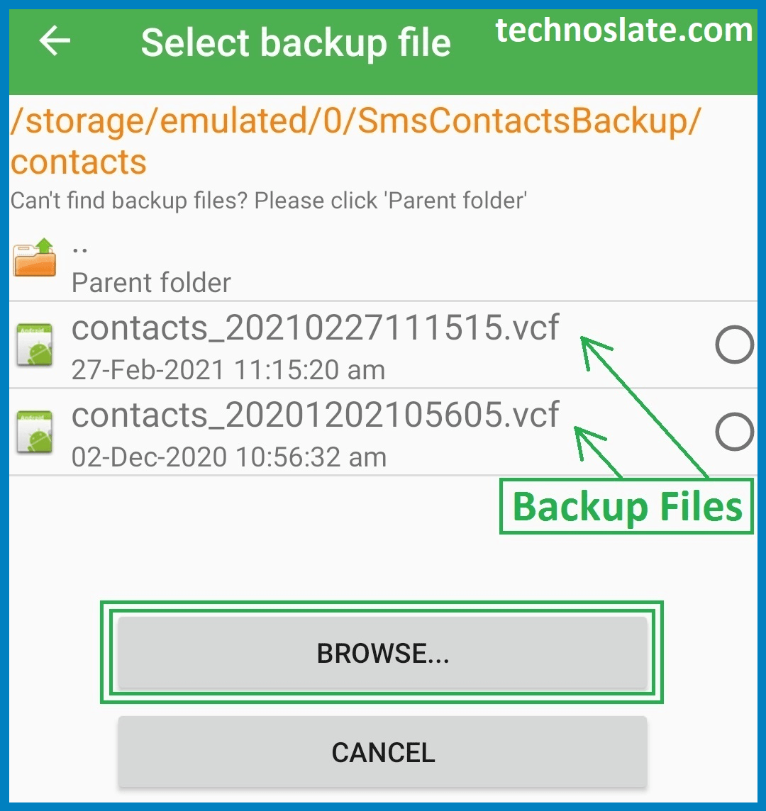 Contacts Message Backup - Existing Backup Files