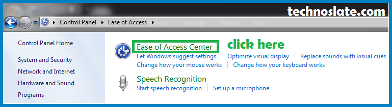 Ease of Access Center in Control Panel