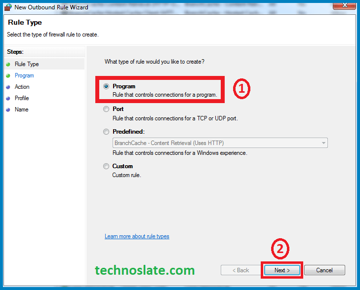 Block Internet Access in Windows - New Outbound Rule Window