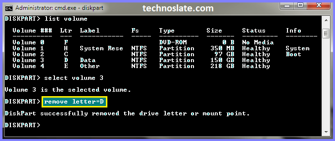 Hide a Disk Partition CMD - remove letter