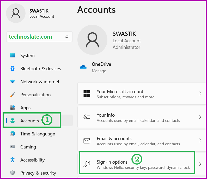 Accounts and Sign in Options