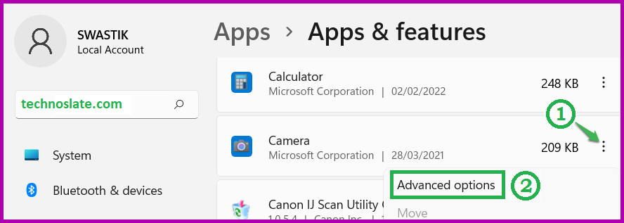 Advanced Options in Apps and Features