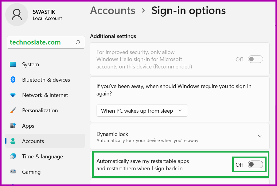Automatically save my restartable apps and restart them when I sign back in